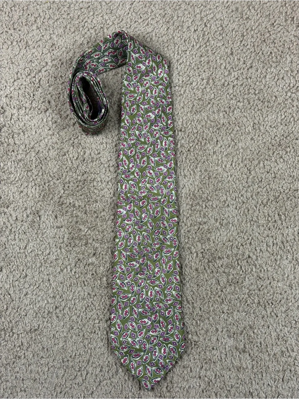 Dior Olive Green Silk Tie with Pink Paisley Motif